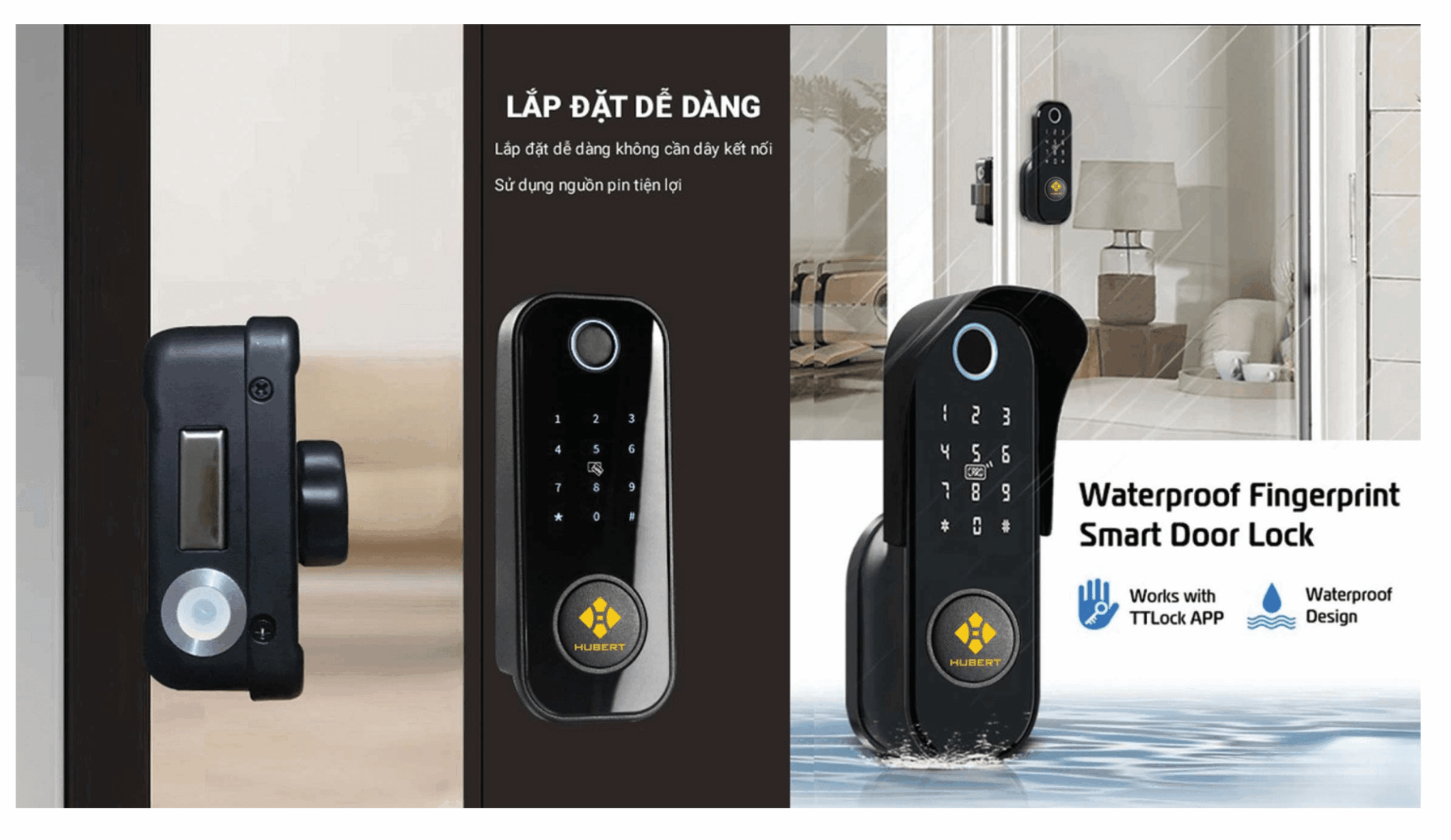 Khóa vân tay kháng nước tốt cho cửa ngoài trời | Smart Lock Khoá điện tử cửa cổng Hubert HB CC78 Black