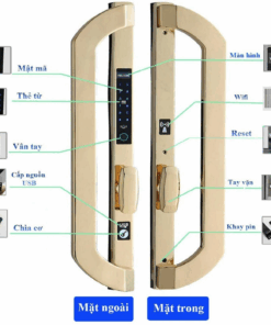 Khoá điện tử cửa nhôm Hubert HB CNI8 EU Gold 24K, mô tả kỹ thuật, vân tay, thẻ từ, chìa cơ, chống nước IP68