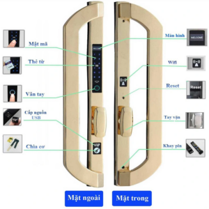 Khoá điện tử cửa nhôm Hubert HB CNI8 EU Gold 24K, mô tả kỹ thuật, vân tay, thẻ từ, chìa cơ, chống nước IP68