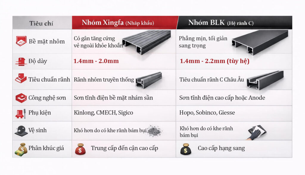 So sánh nhôm BLK và Xingfa chi tiêt? Ưu nhược điểm từng loại Bảng So Sánh Nhôm BLK Và Nhôm Xingfa