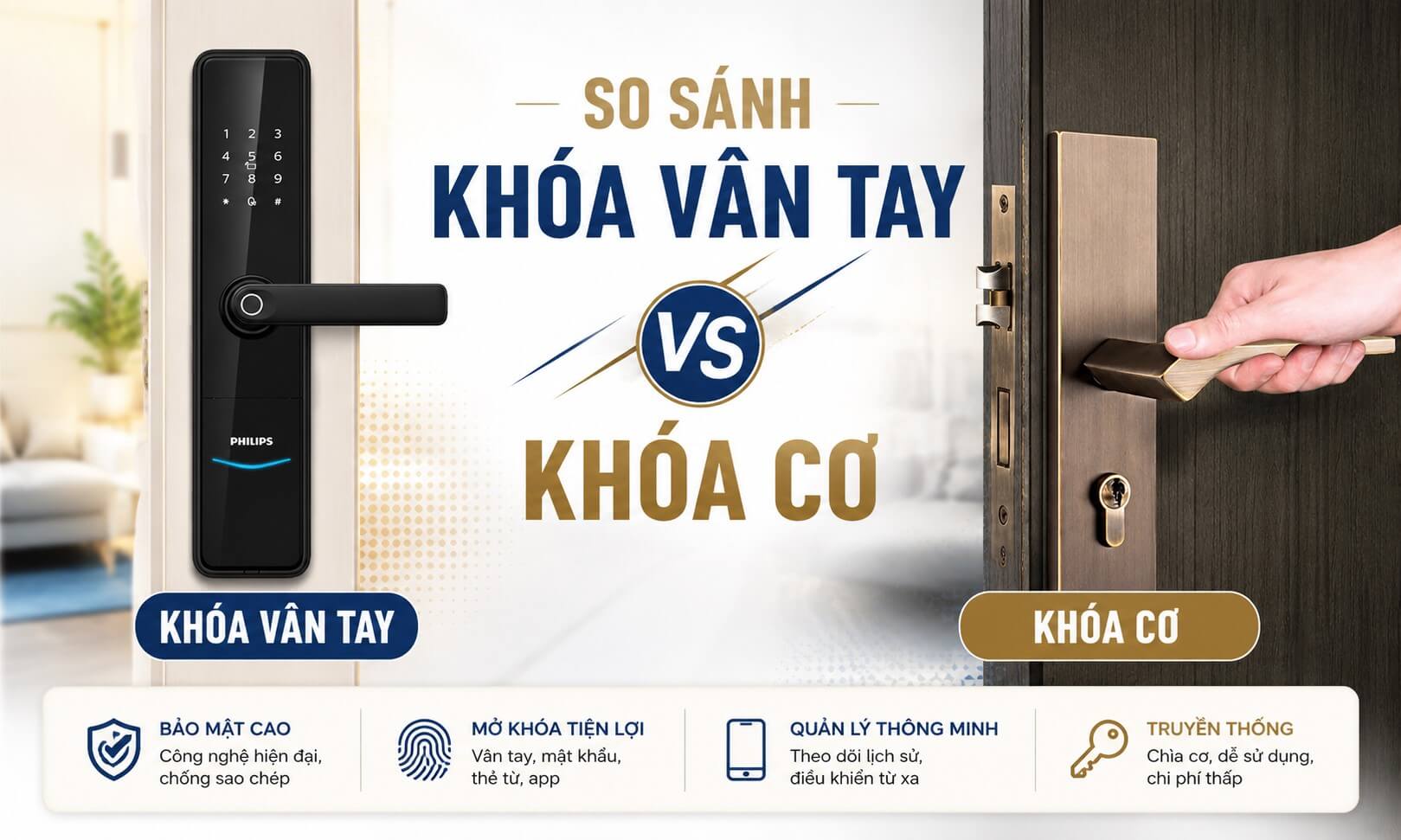 Sự khác nhau giữa khóa cửa vân tay và khóa cơ truyền thống Sự khác nhau giữa khóa cửa vân tay và khóa cơ truyền thống