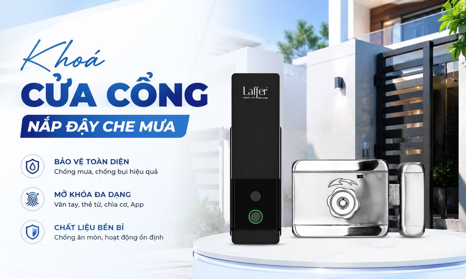 Khoá cửa cổng nắp đậy che mưa cho cổng ngoài trời