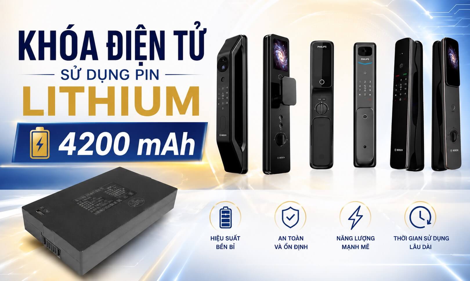 Khóa vân tay dùng pin sạc Lithium bền bỉ, tuổi thọ cao