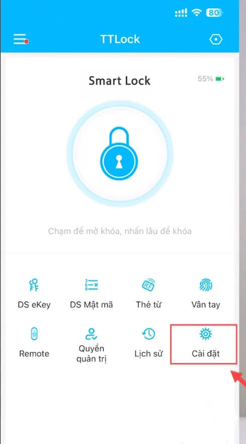 (TTLock) Hướng dẫn kết nối gateway điều khiển khóa từ xa bằng Wifi, 4G Bước 9 Click chọn vào Cài đặt
