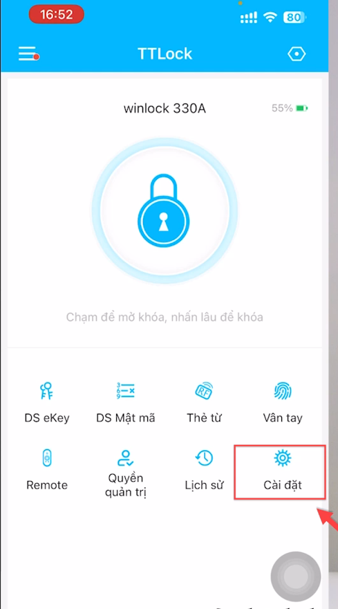 (TTLock) Hướng dẫn kết nối gateway điều khiển khóa từ xa bằng Wifi, 4G Bước 9 Click chọn vào Cài đặt