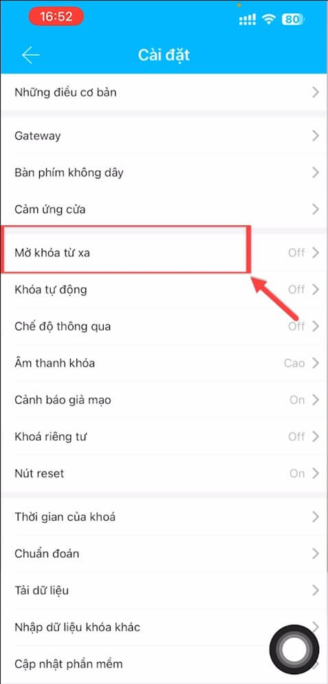 (TTLock) Hướng dẫn kết nối gateway điều khiển khóa từ xa bằng Wifi, 4G Chọn mục “Mở khóa từ xa” trong phần Cài đặt
