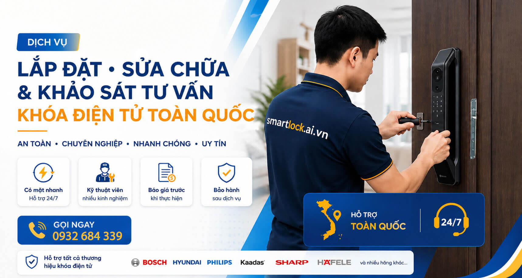 Thợ lắp khóa vân tay tại nhà TP.HCM, giá tốt, phục vụ 24/7 Poster dịch vụ lắp đặt, sửa chữa khoá cửa điện tử Toàn Quốc