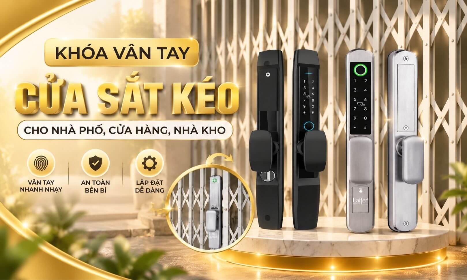 Khóa vân tay cửa sắt kéo cho nhà phố, cửa hàng, nhà kho Khóa vân tay cửa sắt kéo cho nhà phố, cửa hàng, nhà kho