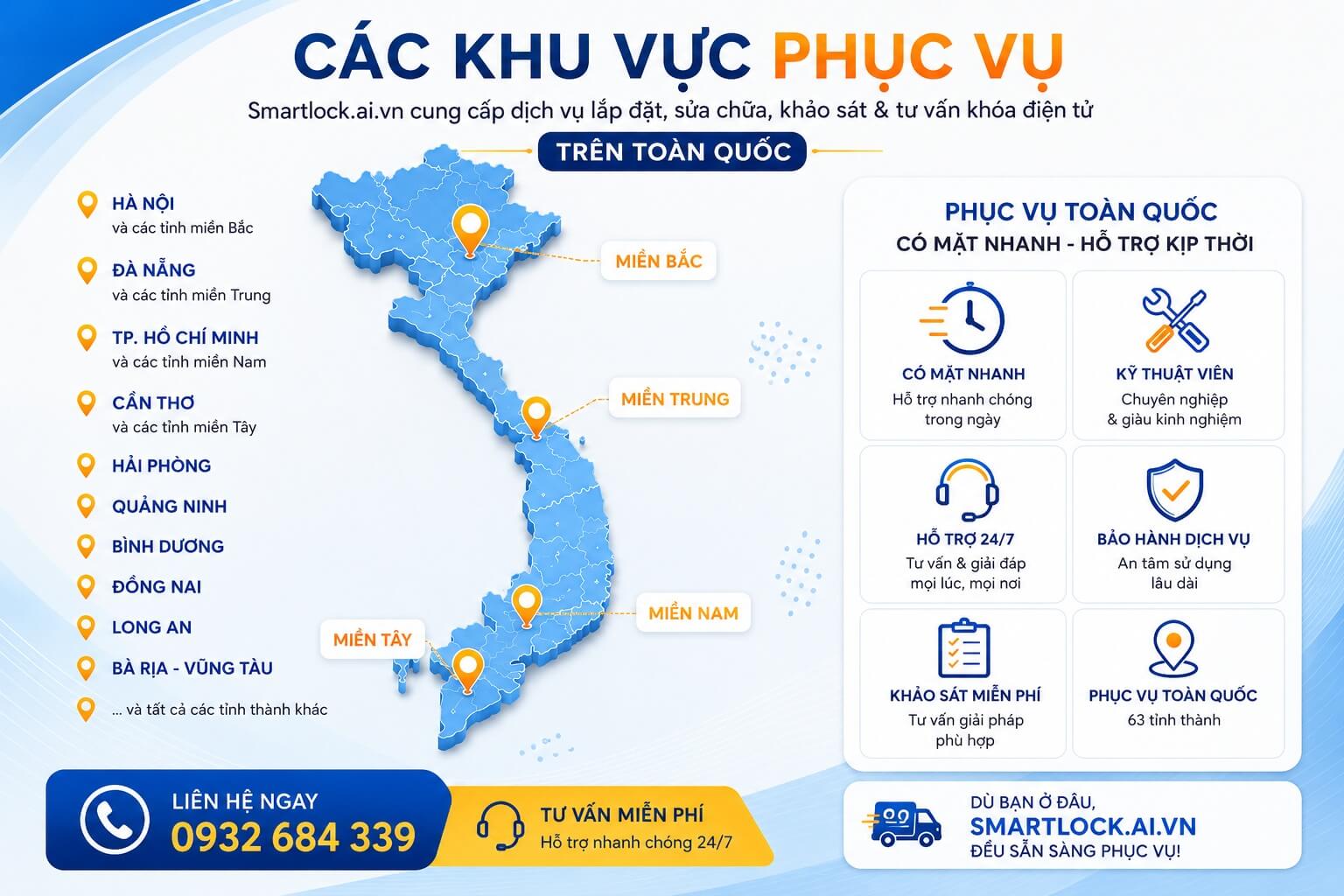 Khu vực phục vụ lắp đặt khoá cửa điện tử toàn quốc