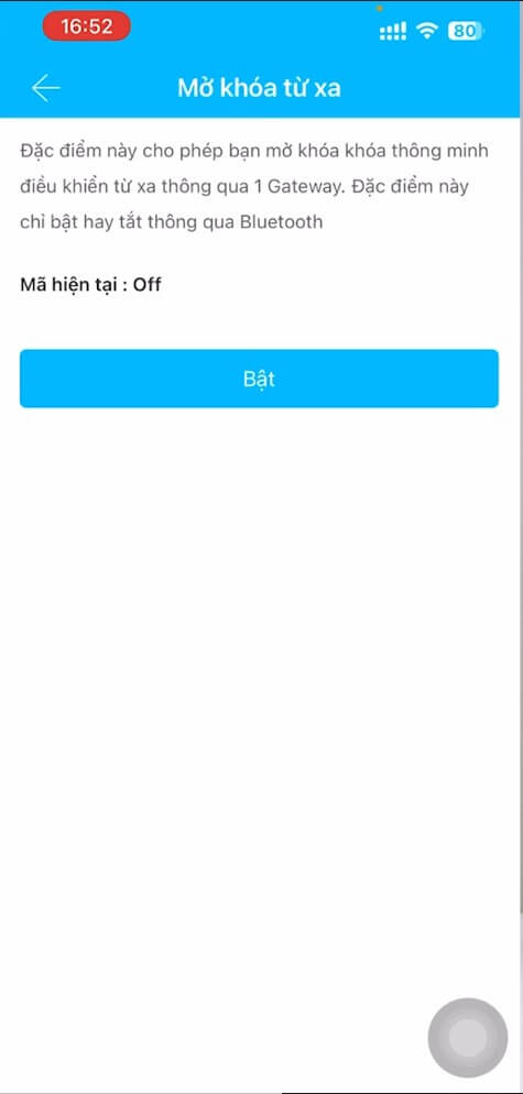(TTLock) Hướng dẫn kết nối gateway điều khiển khóa từ xa bằng Wifi, 4G Nhấn “Bật” để kích hoạt chức năng mở khóa từ xa qua Gateway
