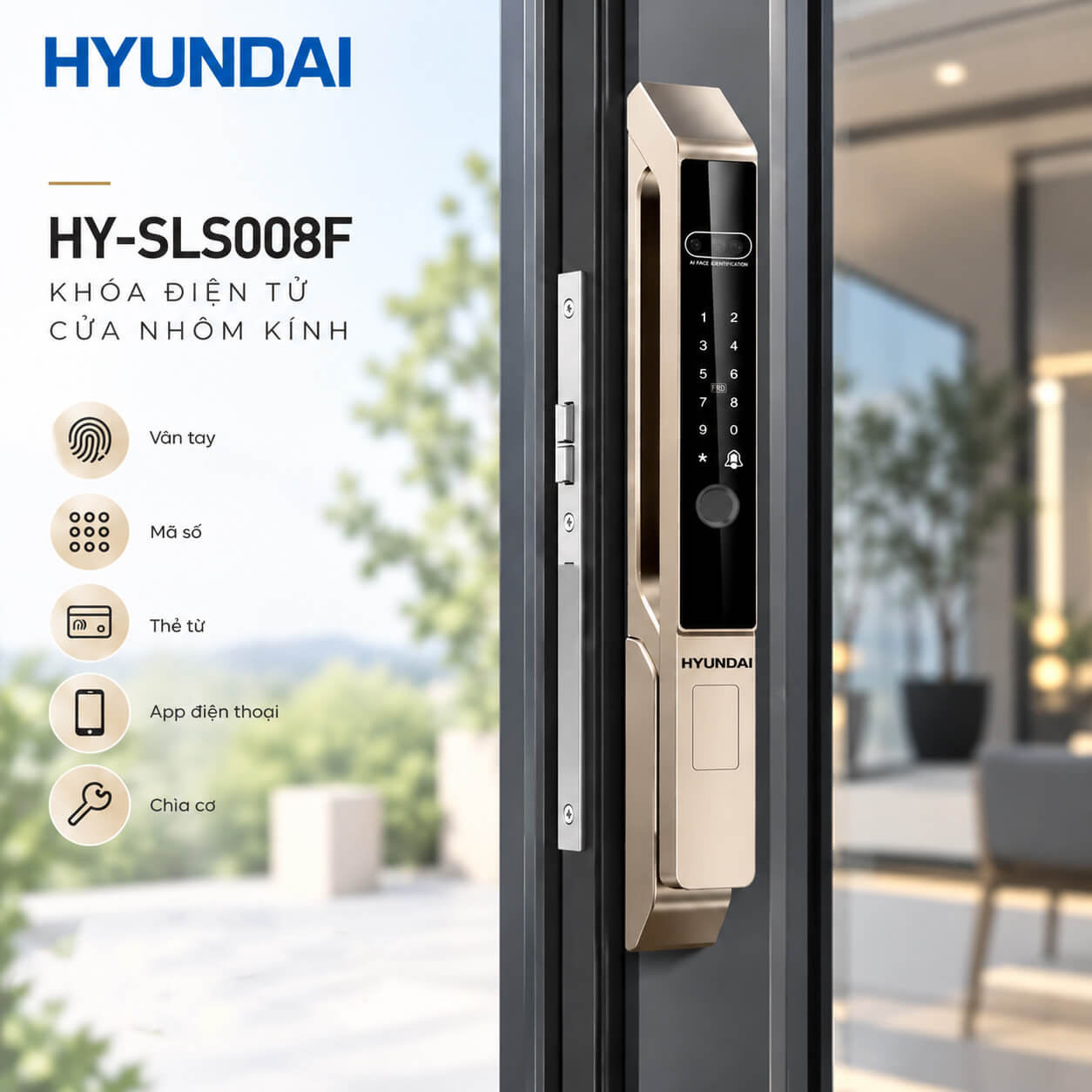 Khóa vân tay cửa nhôm Xingfa chính hãng giá rẻ, lắp đặt tận nơi Khoá điện tử Hyundai HY-SLS008F hàng chính hãng màu vàng Gold lắp đặt tận nơi, bảo hành 3 năm