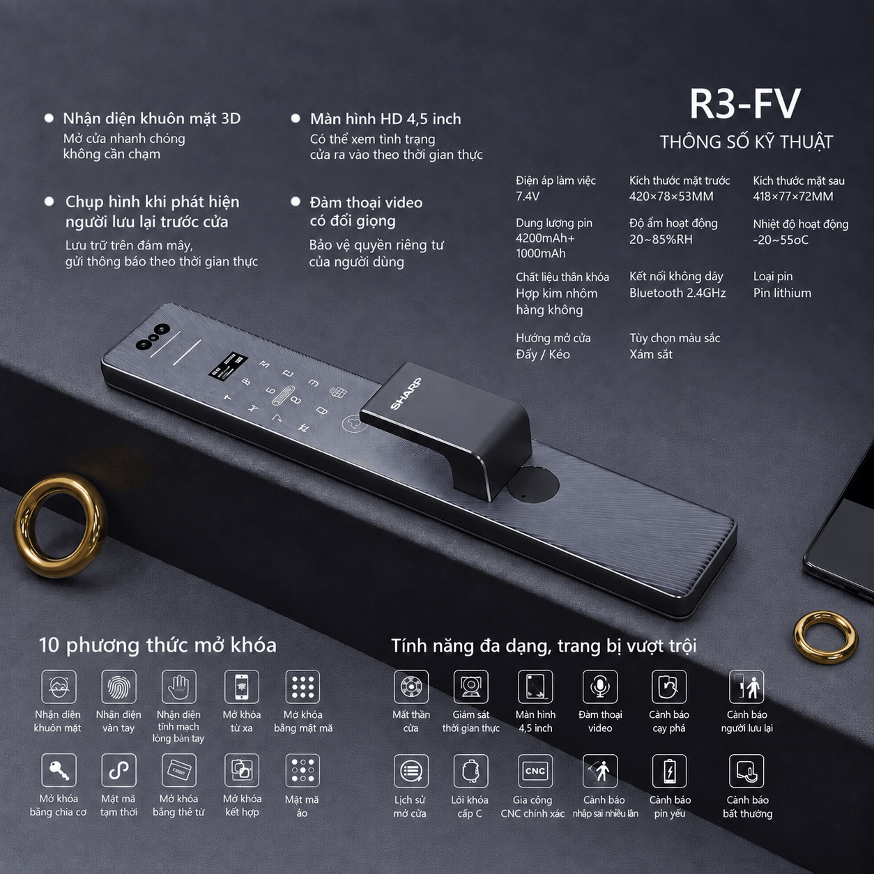 Khóa cửa vân tay điện tử SHARP R3 FV Khóa vân tay Sharp R3-FV tích hợp hệ thống cảnh báo và giám sát cửa thông minh
